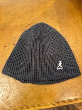 Kangol Black Ribbed Knit Skull Cap with White Kangaroo Logo